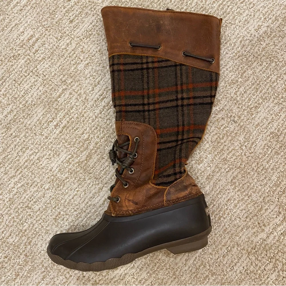 Sperry Saltwater Sela leather wool plaid Duck boots vintage size 6.5